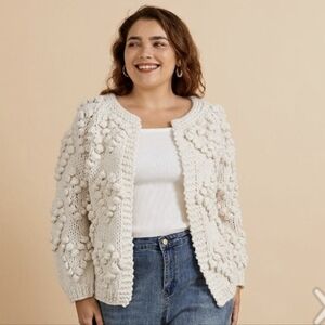 Racheal Knit Your Love Hand Knit Bobble Heart Cardigan Sweater White, Size 1X-3X